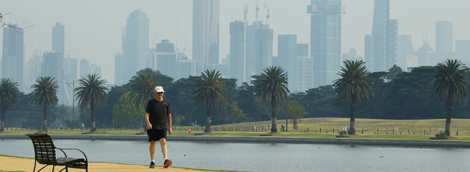 Melbourne city skyline in smoke haze